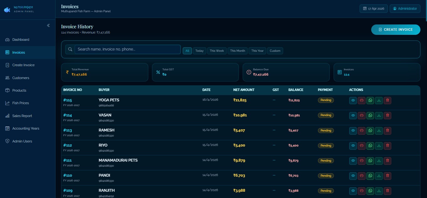 Invoice history screen